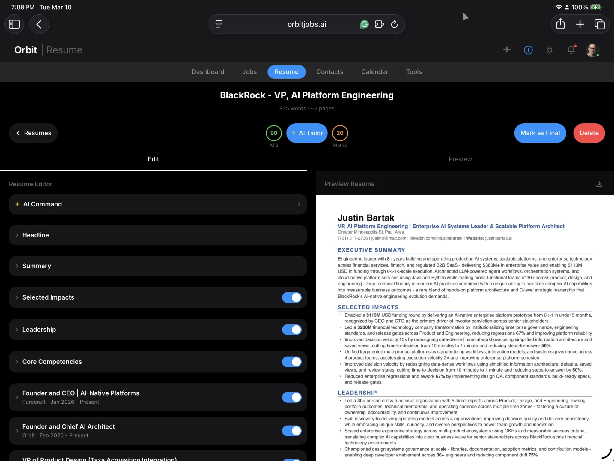 Orbyt AI resume builder with ATS-optimized resume tailored to a specific job description