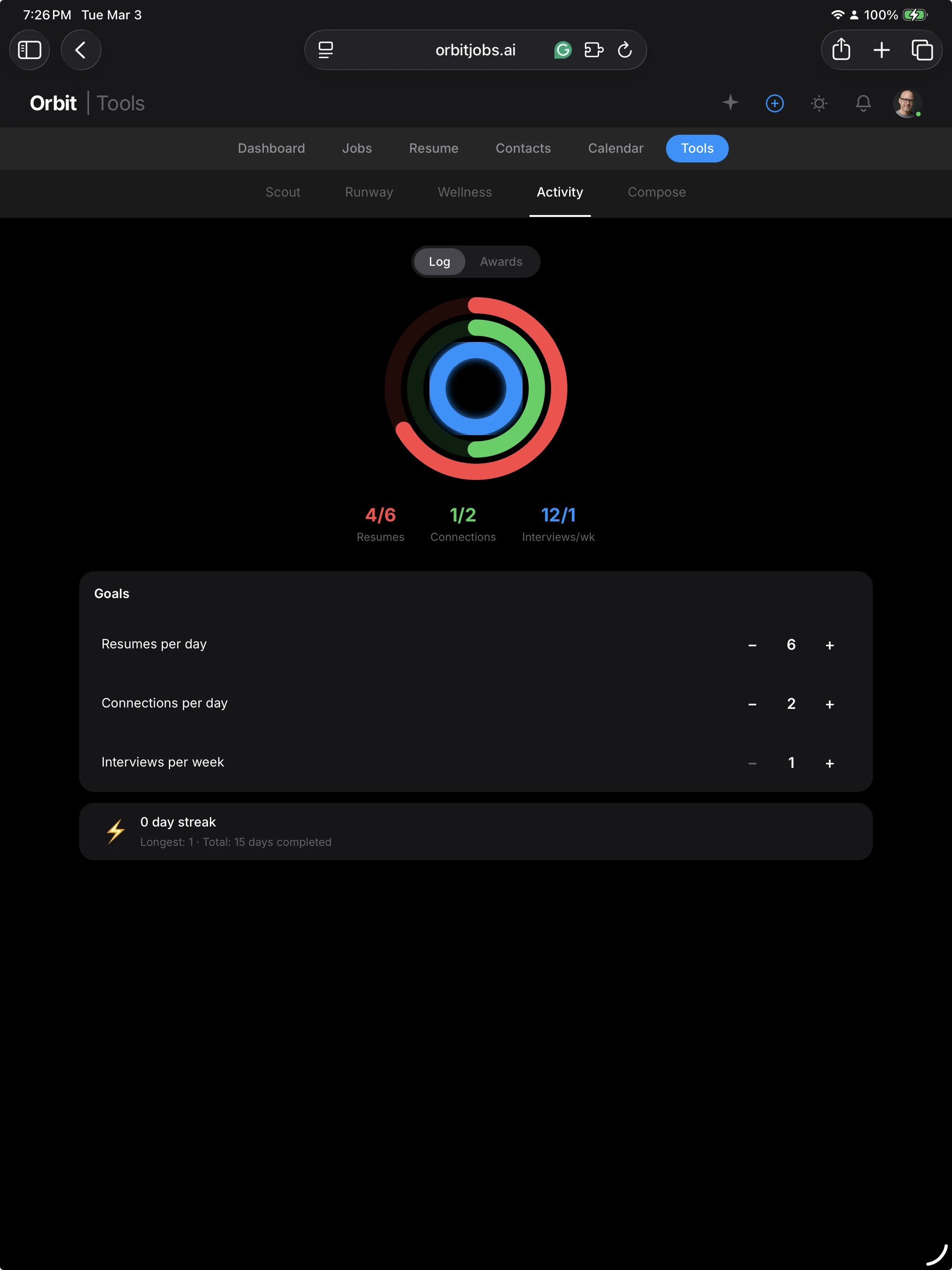Orbyt job search goals dashboard showing daily targets, streaks, and achievement badges